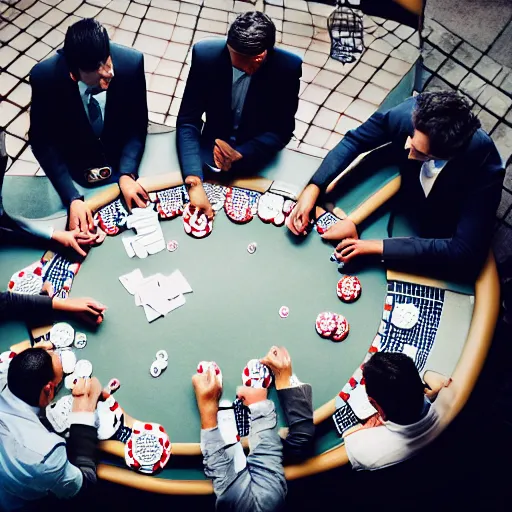 Image similar to a photo of a very large empty room in the bottom centre is a group of business men playing poker zoomed out from from the camera, cold lighting, award winning photo, monotone