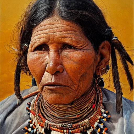 Image similar to high quality high detail painting by lucian freud, hd, portrait of a indigenous tribe woman, photorealistic lighting