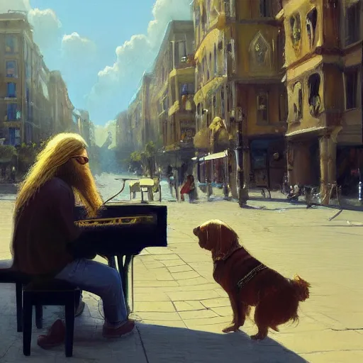 Image similar to oil painting of a young man with long hair blond and a beard hippie style with his golden retrever dog playing piano in the square for money, people watching around, by greg rutkowski, artstation