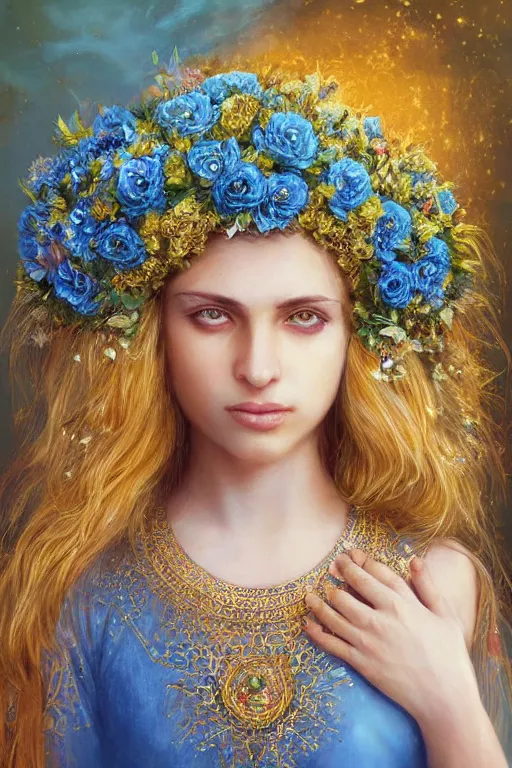 Image similar to a pale Persian girl with golden hair, floral crown, sad blue eyes, cinematic lighting, ultra detailed, highly detailed, sharp focus, golden background with flowers, golden jewellery with blue sapphires, photographic, art by artgerm and greg rutkowski and zdislav beksinski