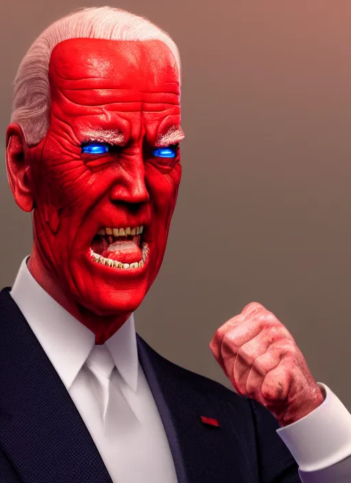 Image similar to hyper realistic ultra realistic cenobite pinhead biden photo wrathful furious glowing red eyes biden, high quality photo, detailed , 8k