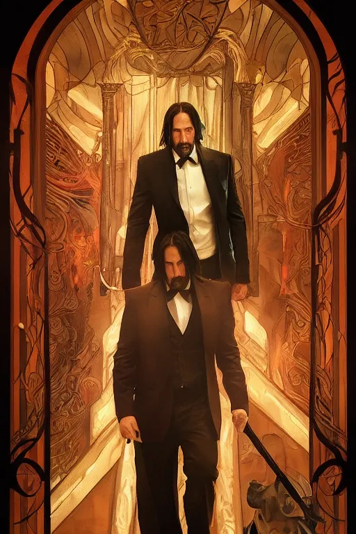 Prompt: a dramatic ethereal epic painting of nicolas cage as john wick | tarot card, art deco, art nouveau, realistic | detailed face, cinematic lighting | by Dresden Codak, by Mark Maggiori and Alphonse Mucha | trending on artstation