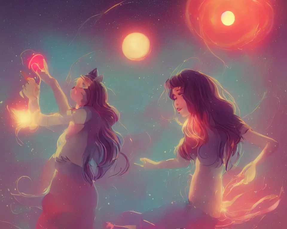 Image similar to beautiful whimsical cat girl standing in a lake in the moonlight, using magic, under a multi-colored binary blackhole with an accretion disc, glowing trails following her arms, wearing professional makeup, acidwave, by Lois van Baarle, by Greg Rutkowski, by artgerm, by beeple, by studio ghibli, cinematic angle, volumetric lighting, 4k resolution, octane render, trending on artstation, masterpiece