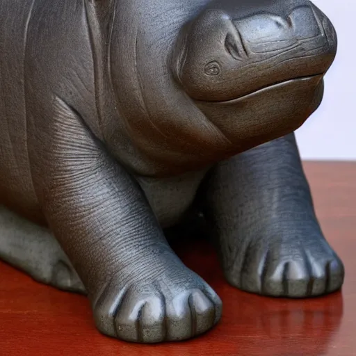 Image similar to small hippo statue, wood blocks bottom hippo body, blue chrome top hippo body, by a genius craftsman, highly detailed, wood block bottom hippo body wood