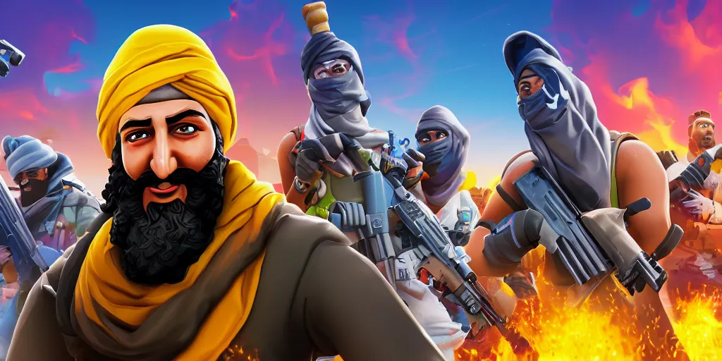 Prompt: osama bin laden in fortnite, cover art by stephen bliss, boxart, loading screen, 8 k resolution