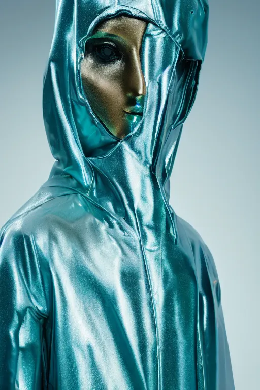 Image similar to hyper detailed ultra sharp photo of iridescent humanoid deity wearing teal plastic hooded cloak, in lourmarin, cinematic lighting, photorealistic, octane render 8 k