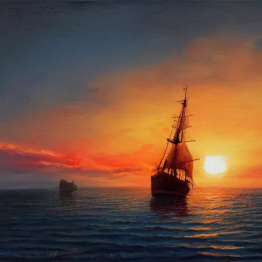 Prompt: medieval ship on the sea, sunset, painting style