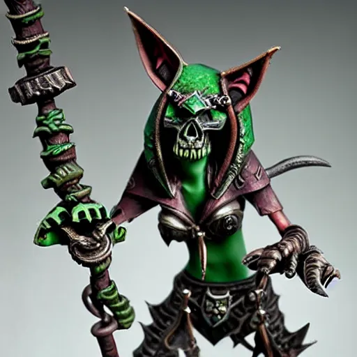 Prompt: photo of a female skaven from warhammer, skull rings, skull shield, warhammer model, figurine, highly detailed, sharp focus