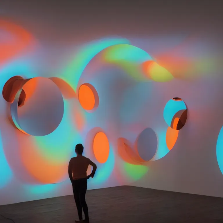 Prompt: conceptual artist performance of'blue and orange'gradient pattern colors light projection onto a convex mirror and a few giant human torsos in a cramped art gallery by james turrell, high contrast hyperrealism trending on arstation 8 k