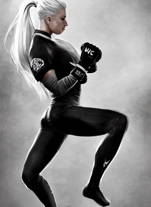 Prompt: a highly detailed illustration of fierce ponytail platinum blonde woman wearing black mma gear and gloves, dramatic powerful kicking pose, perfect face, fairly muscular, athletic, intricate, elegant, highly detailed, centered, digital painting, artstation, concept art, smooth, sharp focus, league of legends concept art, WLOP