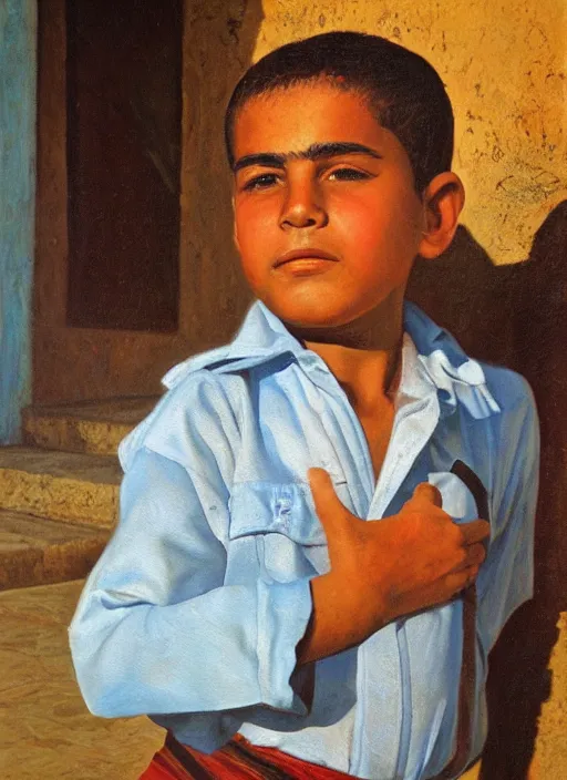 Image similar to portrait of a handsome cuban boy in old havana, painting by bob byerly and manuel sanjulian, oil on canvas, hyperrealism