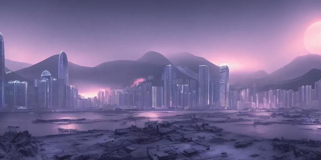 Image similar to nuclear winter, hong kong, near future, fantasy, sci - fi, hyper realistic, serene, dusk.