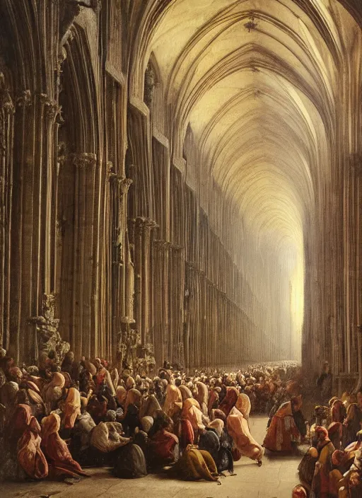 Image similar to elisabeth louise vigee - le brun painting of large crowd of medieval monks in giant in a gothic cathedral interior raising new magical glowing spirit, at dusk sun lit light, old master painting with stunning lighting and details photoreal dusk sun lit light,