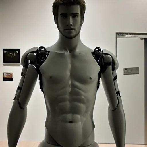 Prompt: “a realistic detailed photo of a guy who is an attractive humanoid who is half robot and half humanoid, who is a male android, Liam Hemsworth, shiny skin, posing like a statue, blank stare”