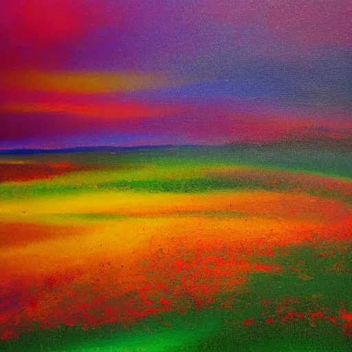 Prompt: dreamy landscape painting of the fields of the void, color abberation effect, vingetting