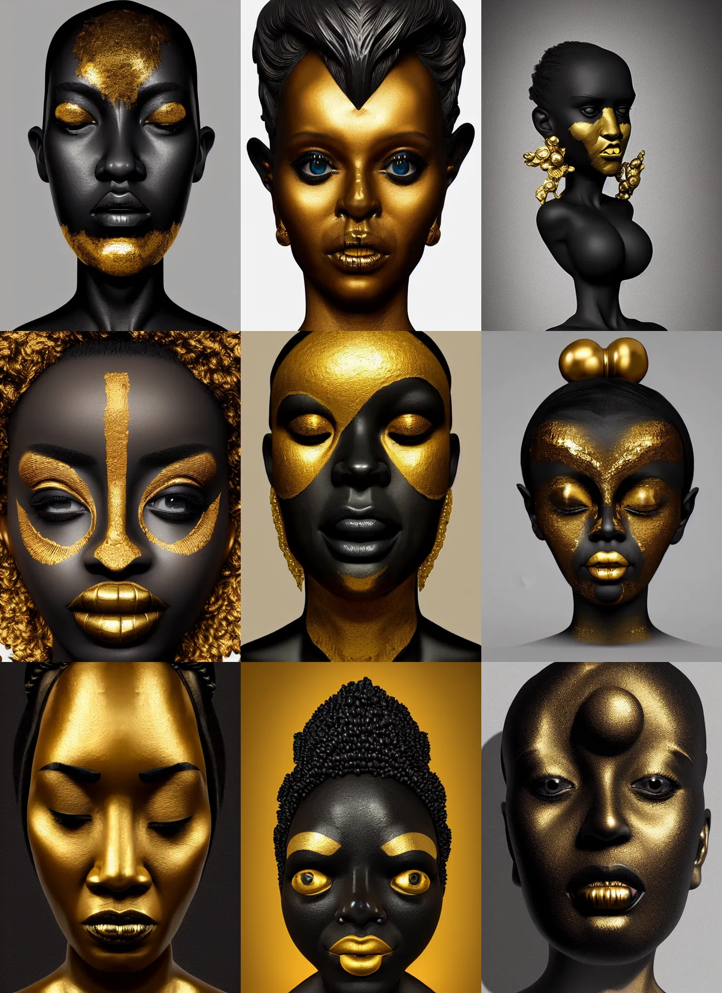 Prompt: a black sculpture with gold face art by hedi xandt, featured on zbrush central, pop surrealism, grotesque, zbrush, behance hd, soft lighting, soft mood