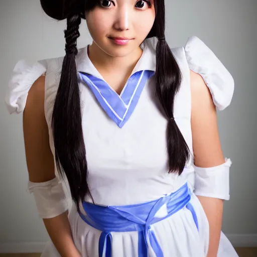 Image similar to a symmetric and beautiful face, professional full length high definition photo of a young woman with twin tails and maid uniform, photo taken with Sony a7R