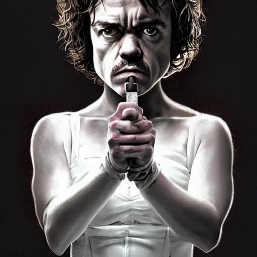 Prompt: peter dinklage as the bride ( ( ( kill bill ) ) ), digital painting, extremely detailed, 4 k, intricate, brush strokes, mark arian, artgerm, bastien lecouffe - deharme