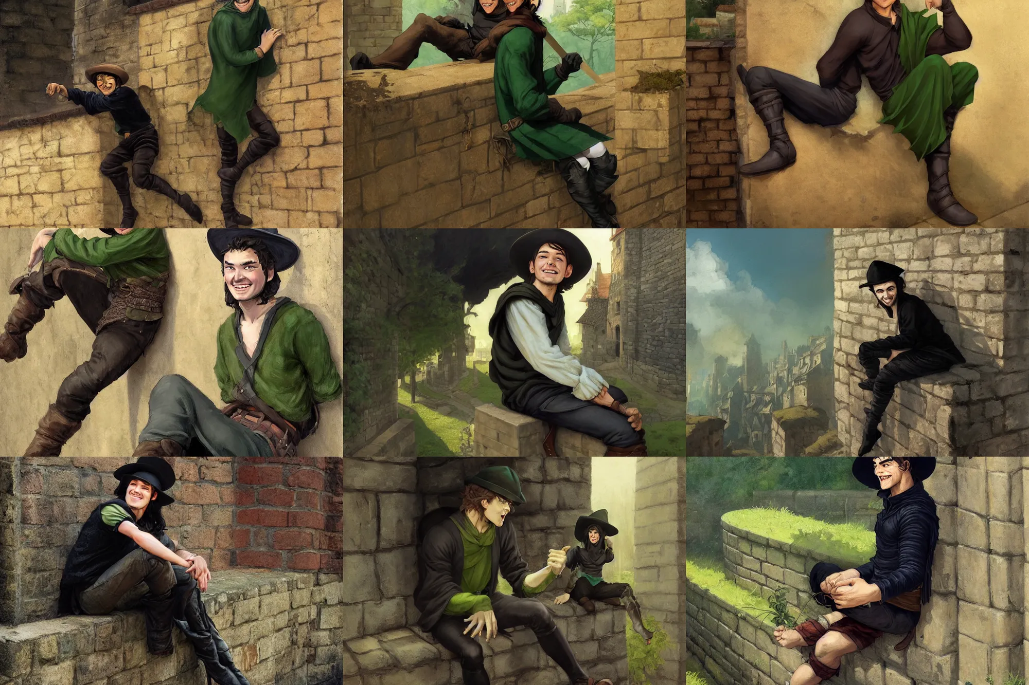 Prompt: medieval young male thief sitting on a wall on the side of a road, smiling, long black hair, black felt hat and green olive shirt by stanley artgerm lau, wlop, rossdraws, frank frazetta, andrei riabovitchev, marc simonetti, tranding on artstation
