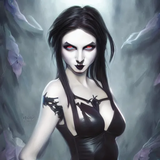 Prompt: portrait of pale smiling goth girl, cover by Artgerm  from artstation