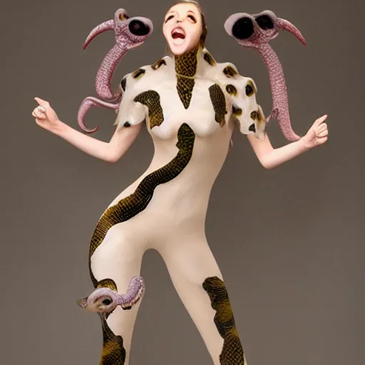 Prompt: a chimera snake girl in a pearl - colored chamelion suit with a long tongue