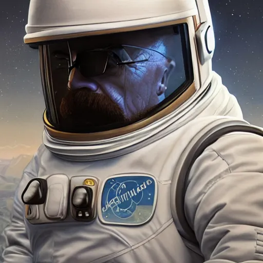 Prompt: walter white in a astronaut suit, intricate, highly detailed, digital painting, artstation, concept art, smooth, sharp focus, illustration, unreal engine 5, 8 k, art by artgerm and greg rutkowski and alphonse mucha