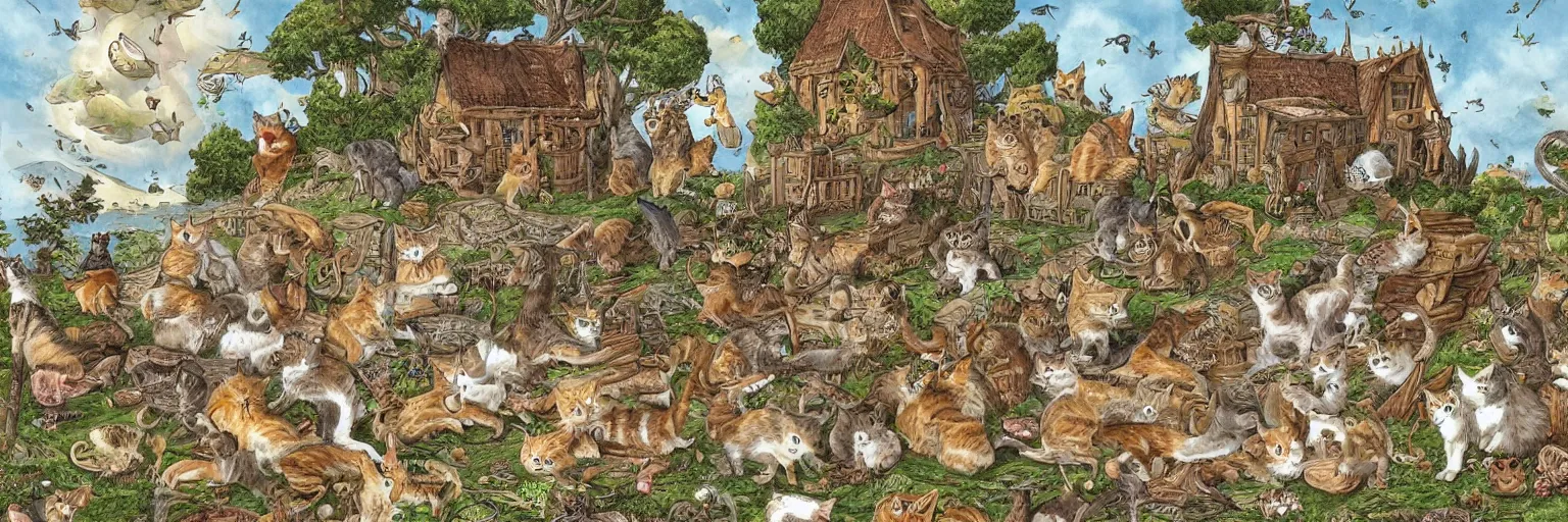 Prompt: a beautifully detailed illustration of the cat kingdom, many anthropomorphic cats enjoying a beautiful day in the countryside