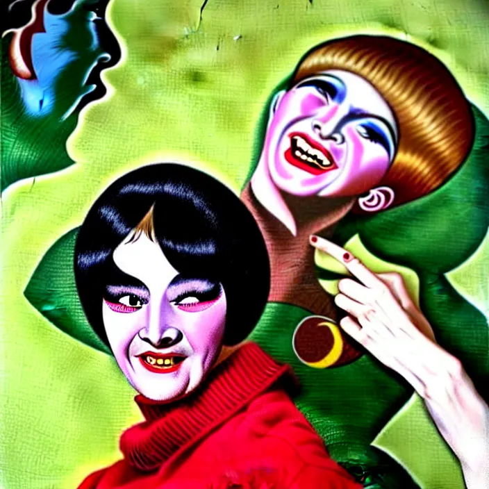 Image similar to ultra quality and ultra details, ultra great 1960s French color cinematography, ultra brilliant everything painting of a Ultra great portrait of a sarcastic yé-yé chanteuse with ultra great facial features, ultra greatly styled thick eyebrows, dark shadows under tired eyes, friendly bright eyes, sweater and shorts, laughing at the viewer, stylistically like old French youth movies from the 1960s, softly shadowed, enjoyable, with quality provio, student art project 1986.