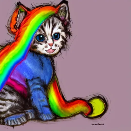 Image similar to wide angle full body, of a fluffy cute rainbow kitten wearing a black motorcycle jacket, concept art