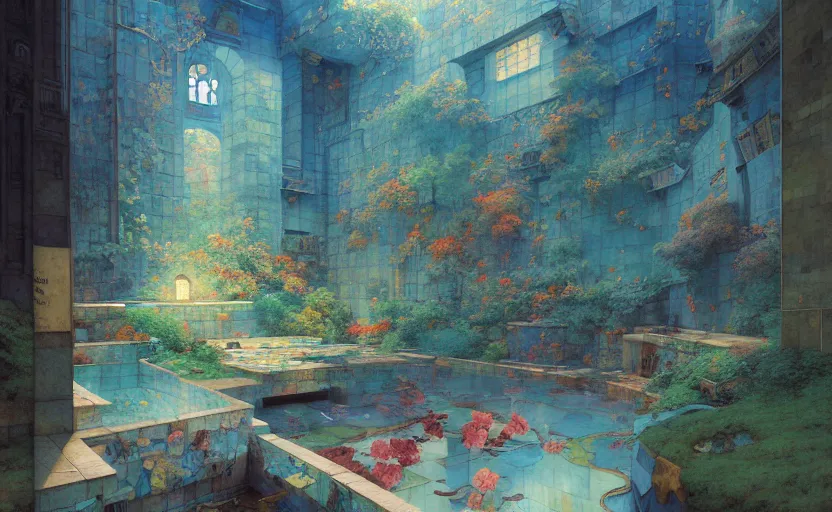 Image similar to tiled room squared waterway, fantasy. intricate, amazing composition, colorful watercolor, by ruan jia, by maxfield parrish, by marc simonetti, by hikari shimoda, by robert hubert, by zhang kechun, illustration, gloomy