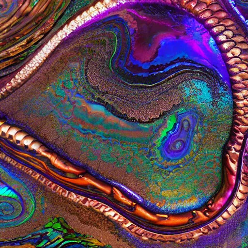 Image similar to Art Nouveau cresting oil slick waves, hyperdetailed bubbles in a shiny iridescent oil slick wave, ammolite, detailed giant opalized ammonite shell, black opal, abalone, paua shell, ornate copper patina medieval ornament, rococo, oganic rippling spirals, octane render, 8k 3D