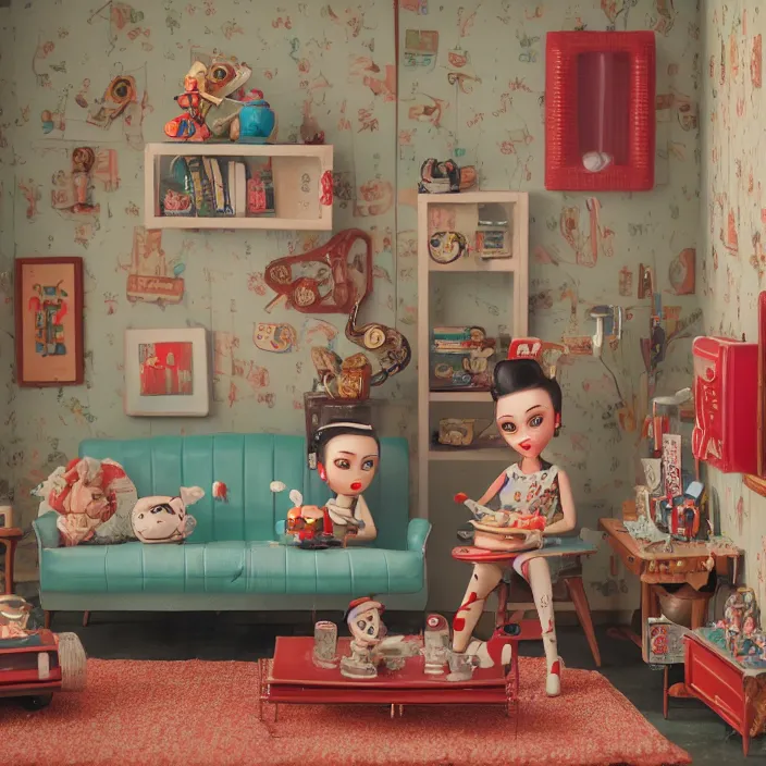 Image similar to portrait of a retro 1 9 5 0 s tin toy living room, depth of field, zeiss lens, detailed, symmetrical, centered, fashion photoshoot, by nicoletta ceccoli, mark ryden, lostfish, breathtaking, 8 k resolution, extremely detailed, beautiful, establishing shot, artistic, hyperrealistic, octane render