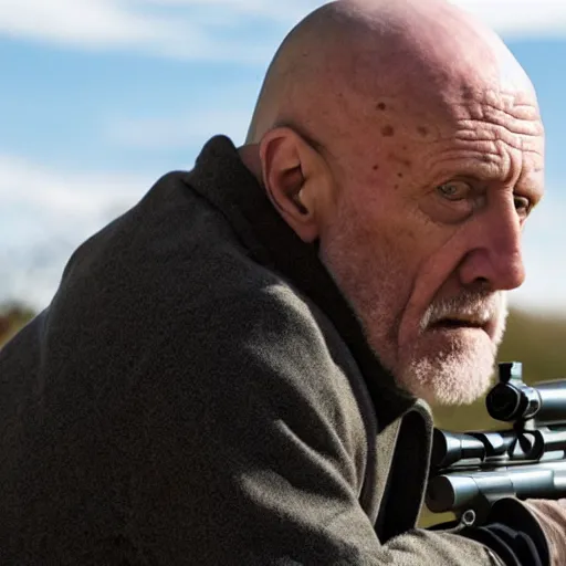 Image similar to Film Still of Mike Ehrmantraut aiming a sniper rifle in a new Breaking bad movie, 8k, highly detailed, centered