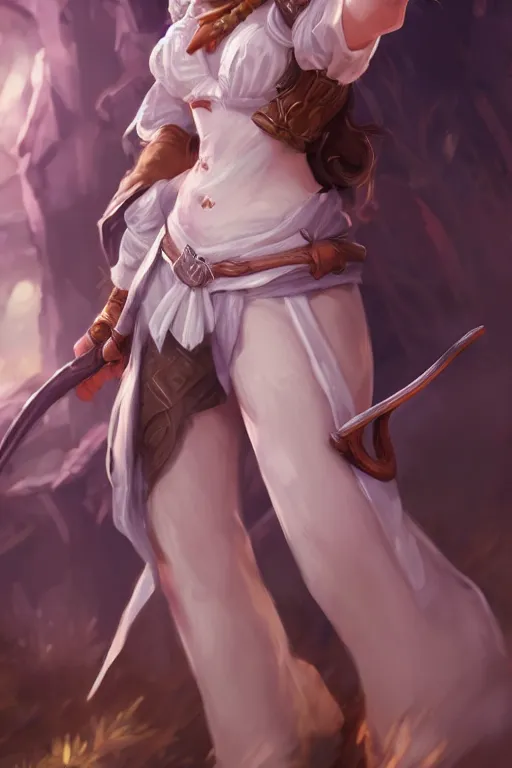 Image similar to full body, female bard, perfect face, white blouse, 8 k, magic the gathering, forest, d & d, artstation, high detail, smooth, coherent