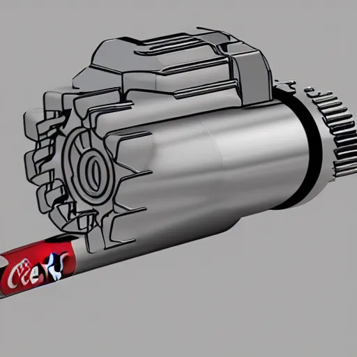 Prompt: CAD rendering of mechanical screw pneumatic to open a can of CocaCola