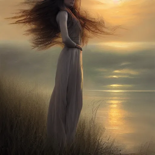 Prompt: beautiful young woman by the lake, sunset, hair waving in the wind, high detail, dramatic light, digital art, chiaroscuro, painted by seb mckinnon and greg rutkowski, trending on artstation