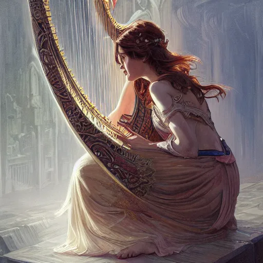 Image similar to a strange harp, d & d, fantasy, intricate, elegant, symmetrical face, highly detailed, digital painting, artstation, concept art, smooth, sharp focus, illustration, art by artgerm and greg rutkowski and alphonse mucha