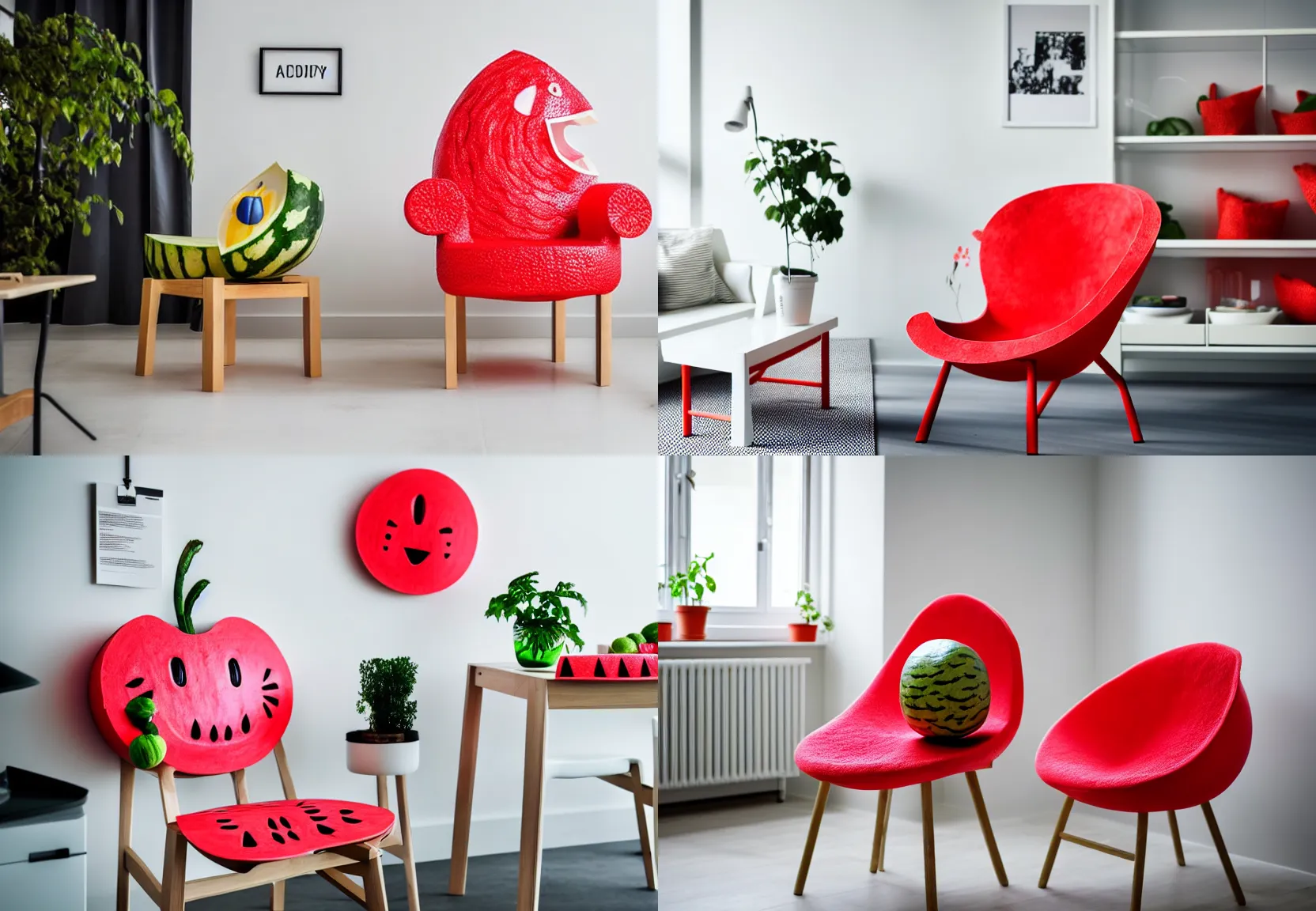 Prompt: a close up photograph of an ikea showroom with a watermelon carved into a chair, whacky designs, interior design