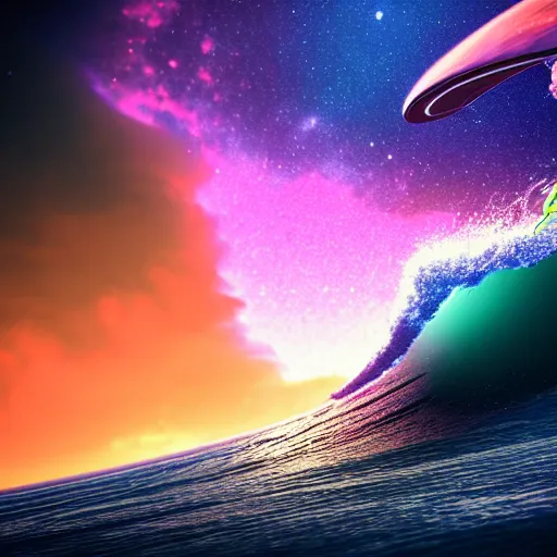 Image similar to photo of a alien surfing a surfboard on a crashing l wave of alien ocean in space, background is an alien galaxy, aliens in the background, alien colors, octane render, unreal engine, wide view, 8 k, high detaild