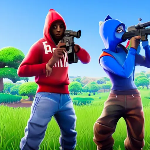 Image similar to a battle between the crips and bloods in fortnite