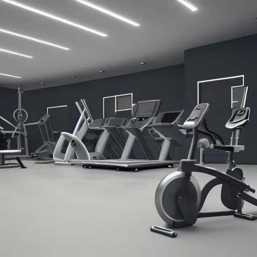 Image similar to gym interior concept design minimalist architecture modern furniture, modern equipment 8 k octane render blender high quality