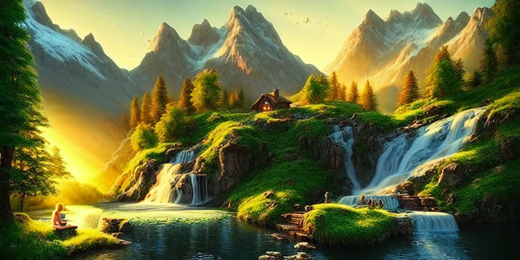 Image similar to a beautiful fantasy landscape, mountain in background, a waterfall in the mountains, little cottage, cute couple, small pond, some trees in the corner, sunrise, hyper realism, octane art, art by philipp urlich