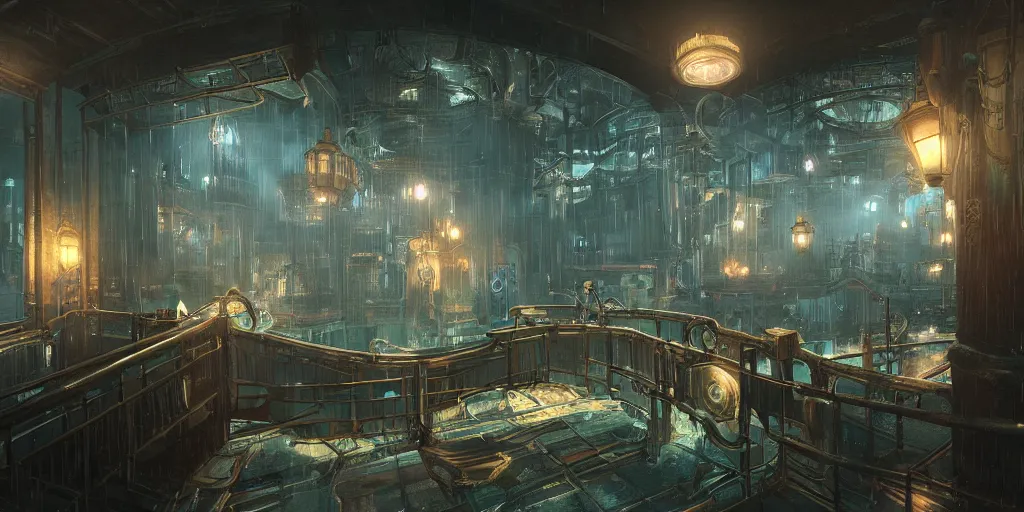 Image similar to an environmental concept art of bioshock, interior, highly detailed, large windows look out onto an underwater city, wet, environmental light, cinematic by francis tneh