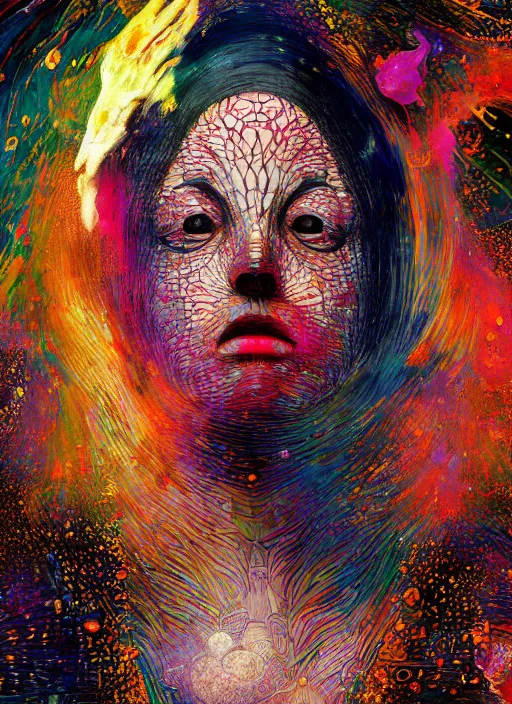 Image similar to in space no one can hear you scream,, colorful, in the style of frantisek kupka, intricate, miles johnston, kuroda seiki, cynical realism, ozabu, john william godward, painterly, yoshitaka amano, moebius, beautiful lighting, miles johnston, klimt, louise zhang, james jean