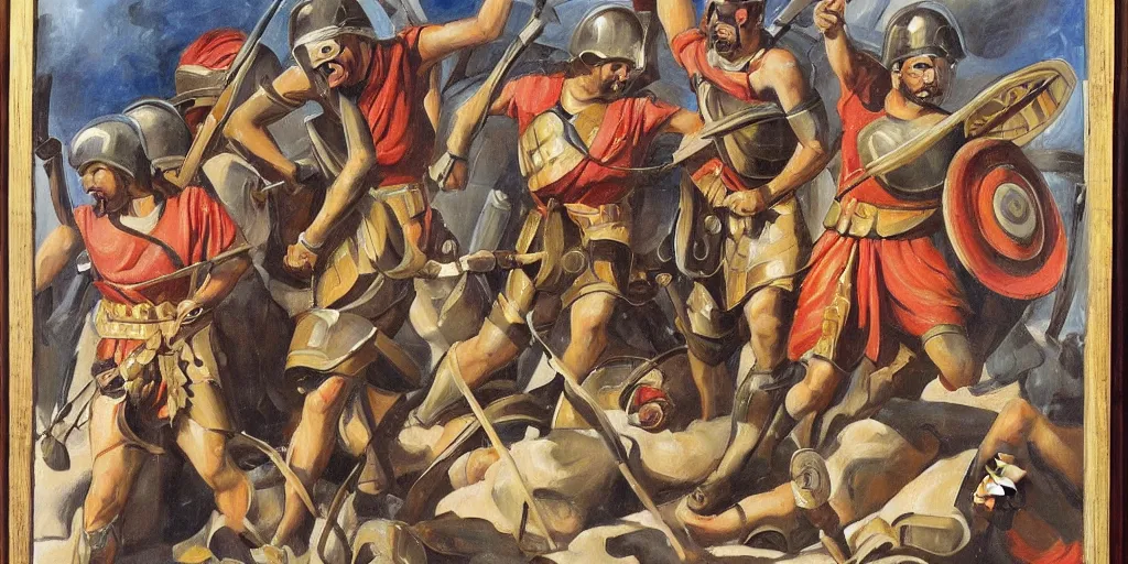 Image similar to italian futurism style painting of greek hoplites at war