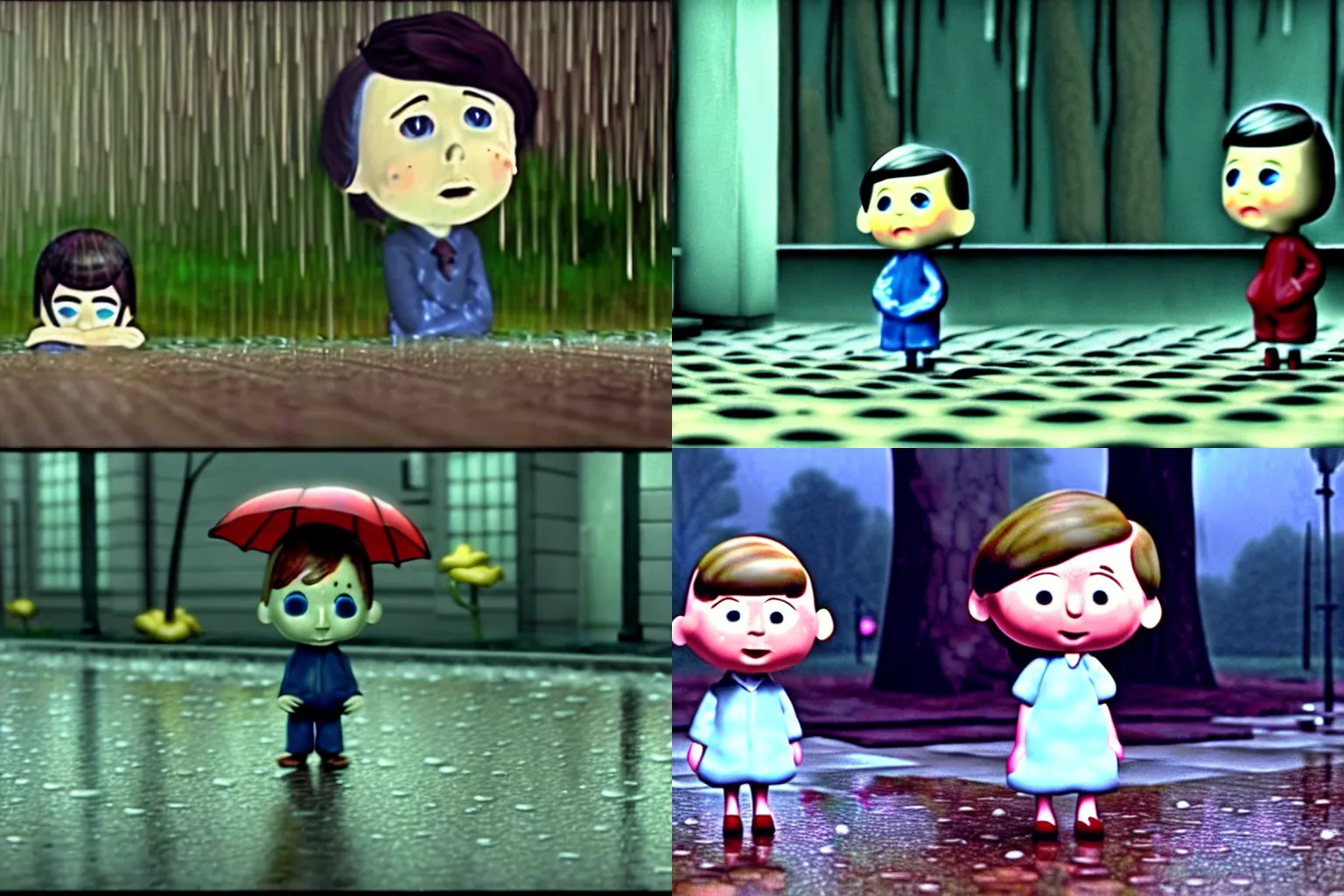 Image similar to A sad scene in the rain, glitchcore, morel orel screencap