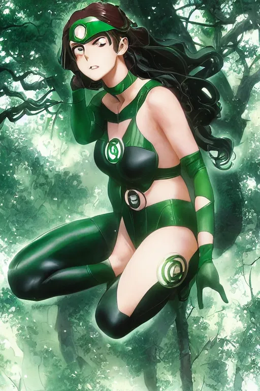 Prompt: anime key visual of a beautiful young female green lantern!! intricate, magical forest, stunning, highly detailed, digital painting, artstation, smooth, hard focus, illustration, art by artgerm and greg rutkowski and alphonse mucha
