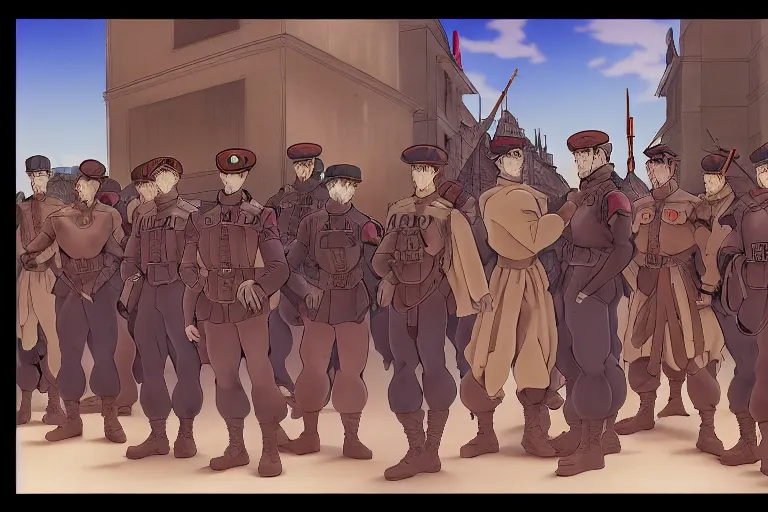 Prompt: cel shaded study of a group of soldiers in a late renaissance city, key visual with intricate linework, in the style of moebius, ayami kojima, 90's anime, retro fantasy