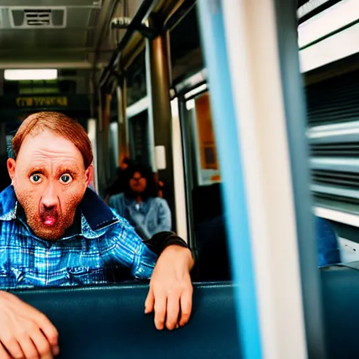 Prompt: a very very confused and scared man riding a suburban train for the first time, 8 5 mm photograph