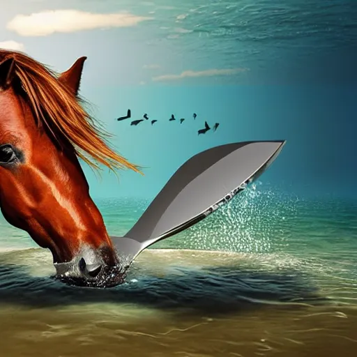 Image similar to horse swimming in the ocean with fork and knife, photorealistic, high detail